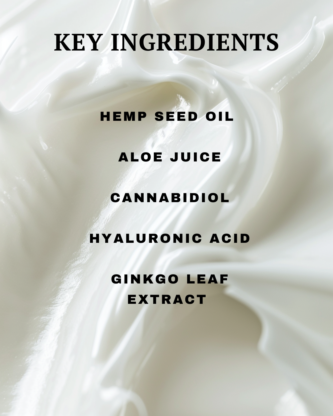 White cream with text listing key ingredients on a white background